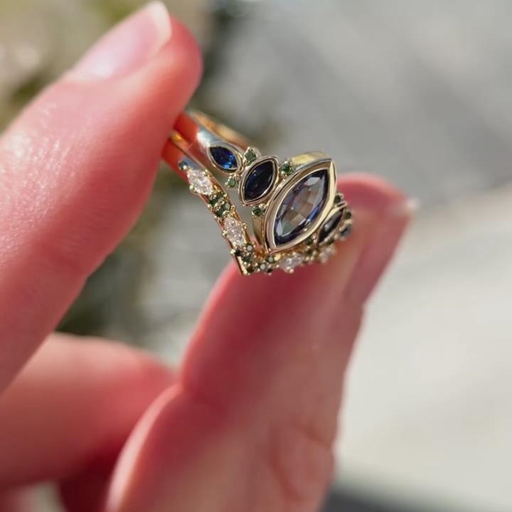 Marquise Cut Sapphire Blue 925 Sterling Silver Yellow Gold Vintage Ring Sets