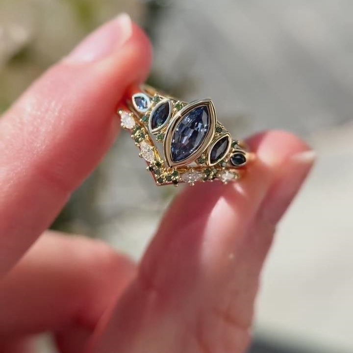 Marquise Cut Sapphire Blue 925 Sterling Silver Yellow Gold Vintage Ring Sets