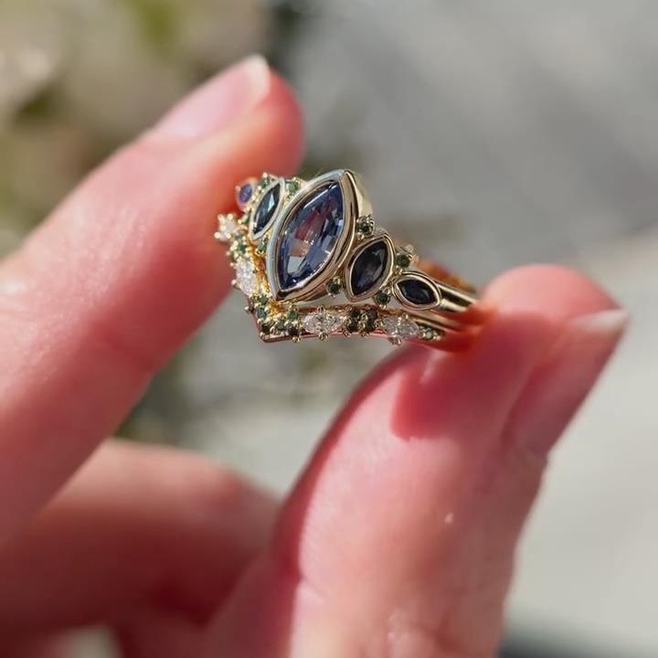 Marquise Cut Sapphire Blue 925 Sterling Silver Yellow Gold Vintage Ring Sets