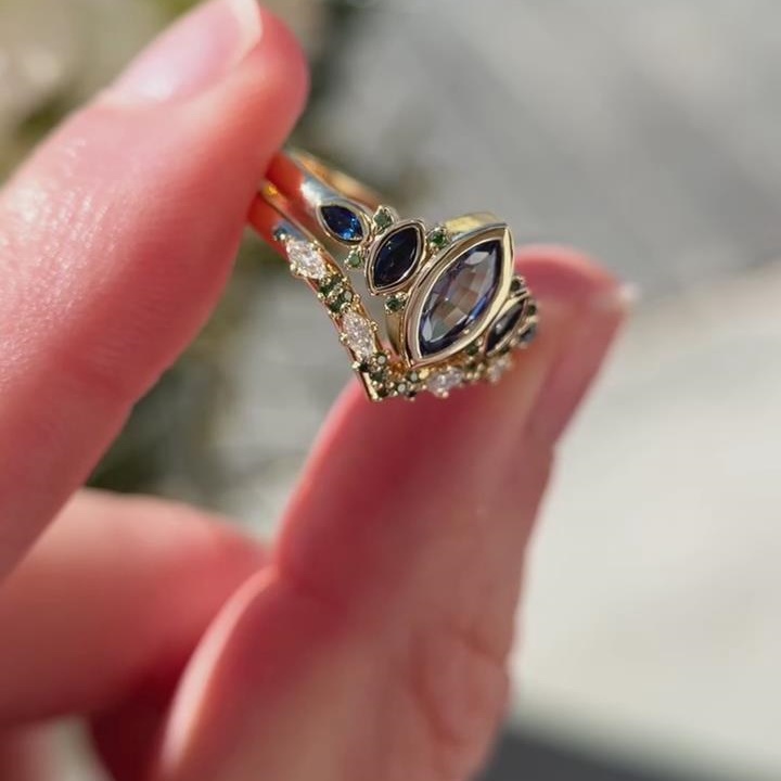 Marquise Cut Sapphire Blue 925 Sterling Silver Yellow Gold Vintage Ring Sets