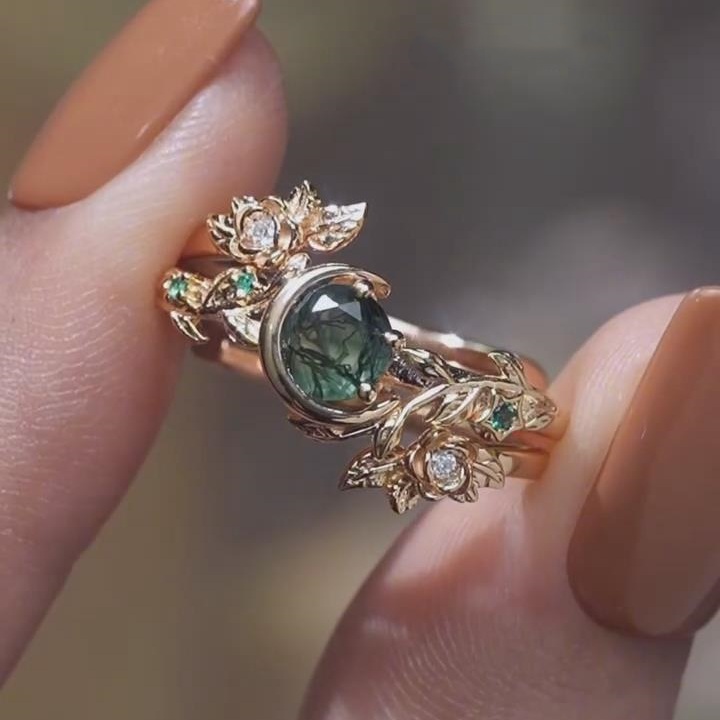 Round Cut Green Moss Agate 925 Sterling Silver Yellow Gold Floral Leaf Ring Sets