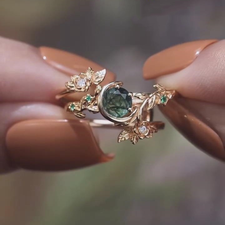 Round Cut Green Moss Agate 925 Sterling Silver Yellow Gold Floral Leaf Ring Sets