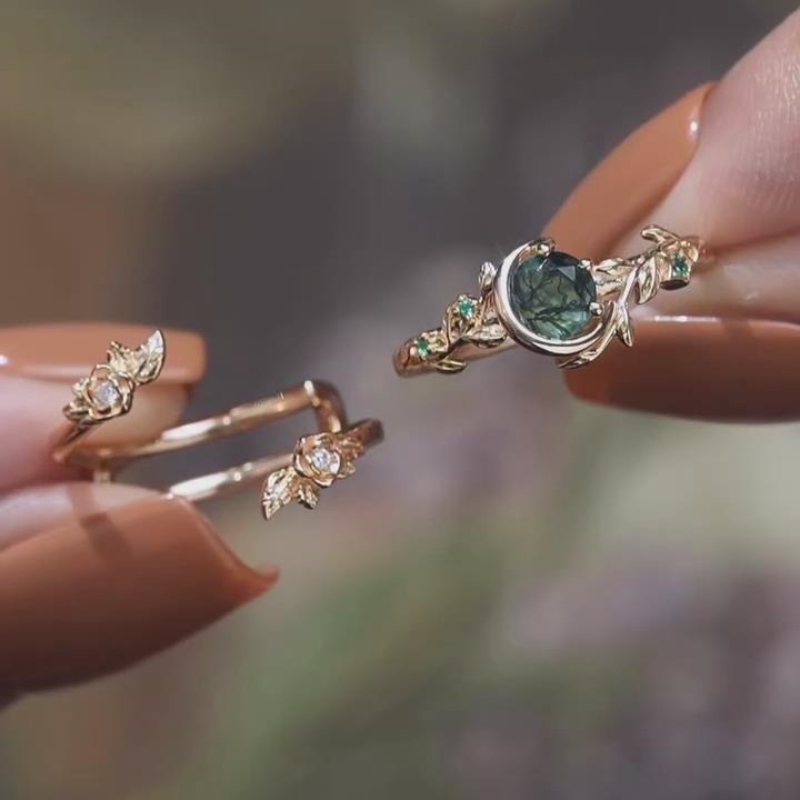 Round Cut Green Moss Agate 925 Sterling Silver Yellow Gold Floral Leaf Ring Sets