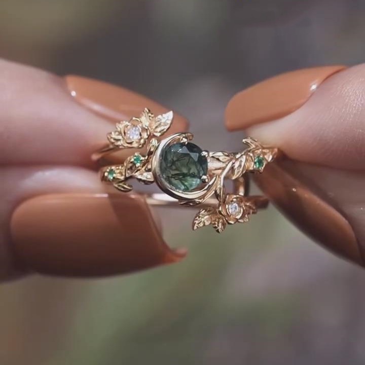 Round Cut Green Moss Agate 925 Sterling Silver Yellow Gold Floral Leaf Ring Sets