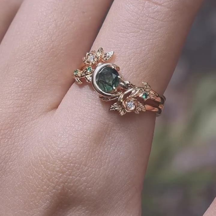 Round Cut Green Moss Agate 925 Sterling Silver Yellow Gold Floral Leaf Ring Sets