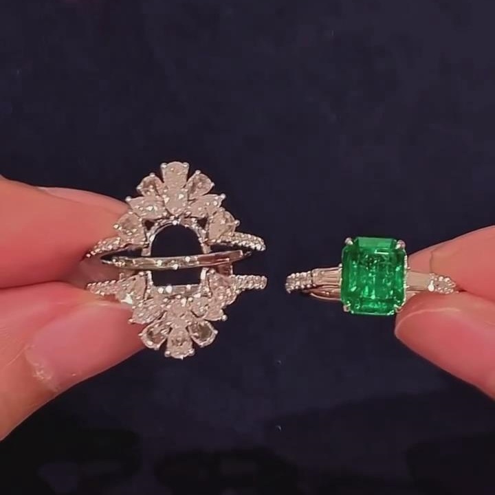 Emerald Cut Emerald Green 925 Sterling Silver Enhancer Bridal Ring Sets