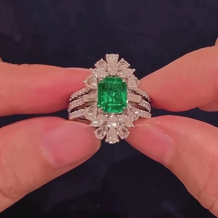 Emerald Cut Emerald Green 925 Sterling Silver Enhancer Bridal Ring Sets