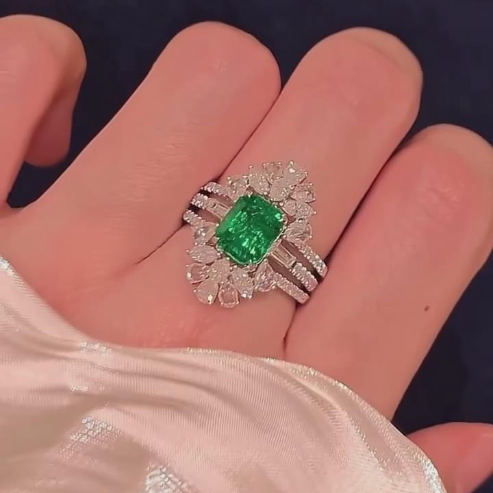 Emerald Cut Emerald Green 925 Sterling Silver Enhancer Bridal Ring Sets