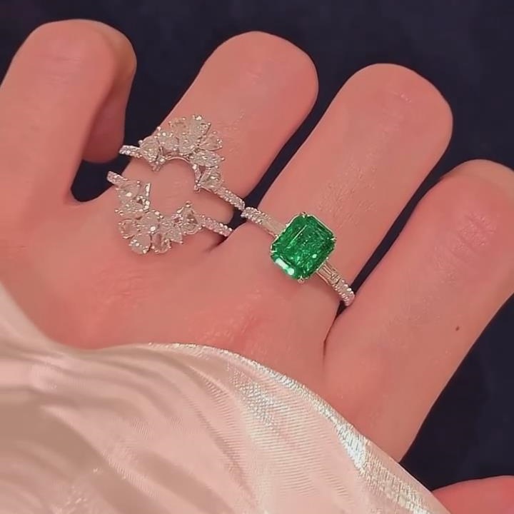 Emerald Cut Emerald Green 925 Sterling Silver Enhancer Bridal Ring Sets