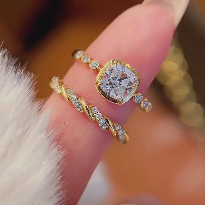 Cushion Cut Diamond White 925 Sterling Silver Yellow Gold Twisted Ring Sets