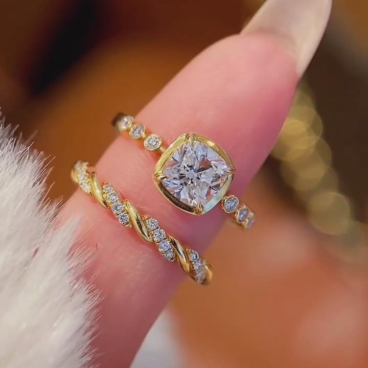 Cushion Cut Diamond White 925 Sterling Silver Yellow Gold Twisted Ring Sets