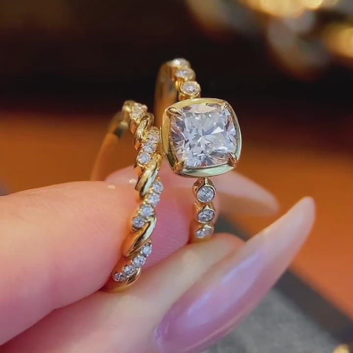 Cushion Cut Diamond White 925 Sterling Silver Yellow Gold Twisted Ring Sets