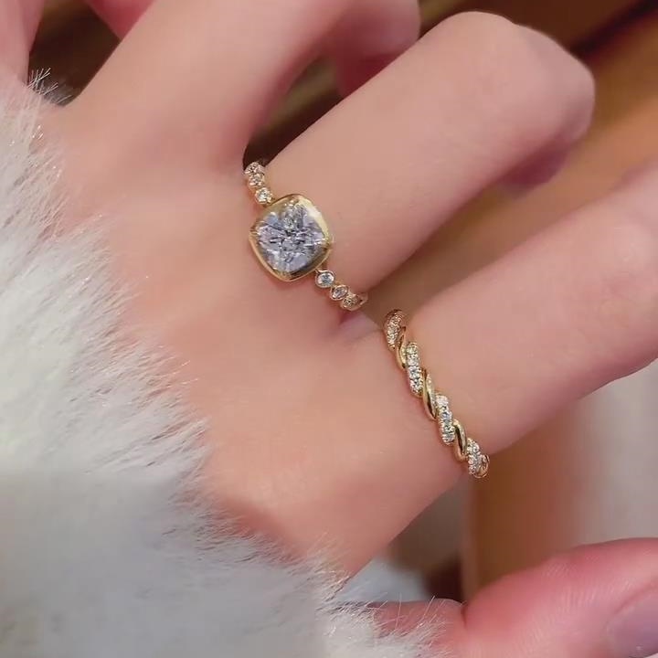 Cushion Cut Diamond White 925 Sterling Silver Yellow Gold Twisted Ring Sets