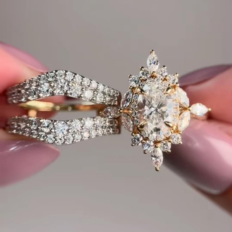 Oval Cut Diamond White 925 Sterling Silver Insert Halo Yellow Gold Bridal Ring Sets
