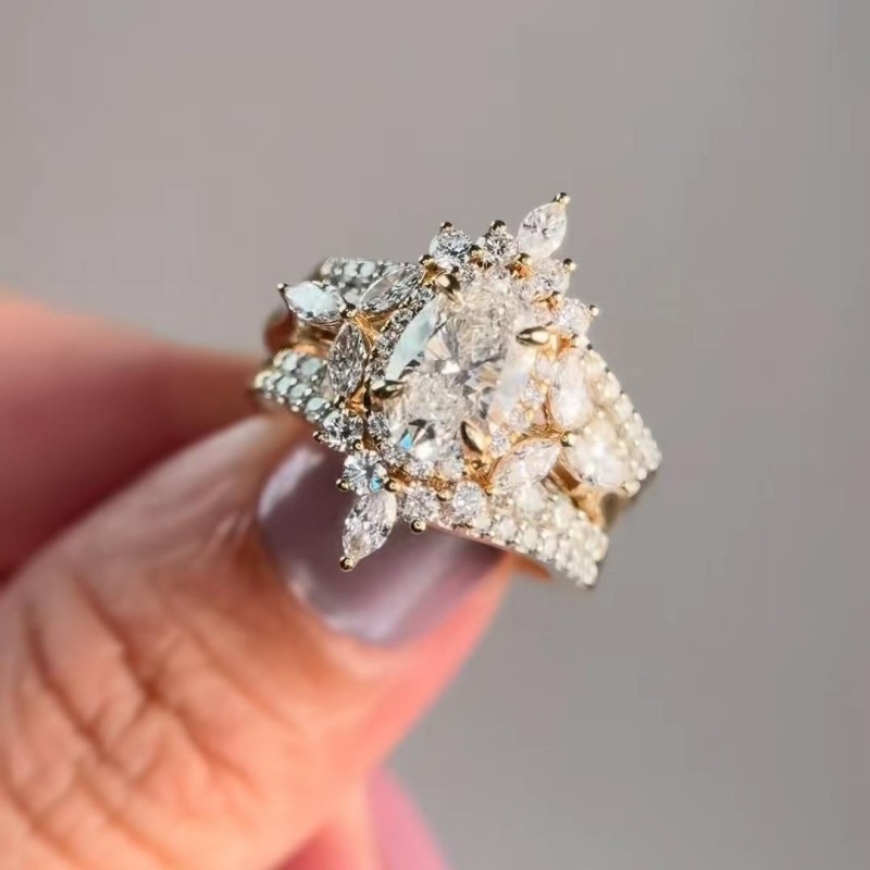 Oval Cut Diamond White 925 Sterling Silver Insert Halo Yellow Gold Bridal Ring Sets
