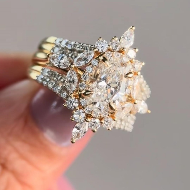 Oval Cut Diamond White 925 Sterling Silver Insert Halo Yellow Gold Bridal Ring Sets