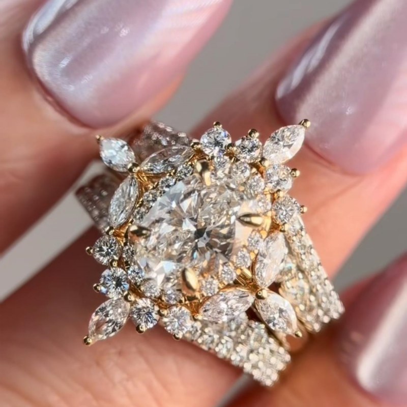 Oval Cut Diamond White 925 Sterling Silver Insert Halo Yellow Gold Bridal Ring Sets
