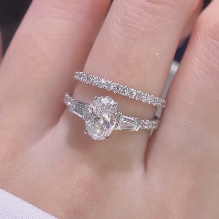 Oval Cut Diamond White 925 Sterling Silver 2 Pieces Ring Sets