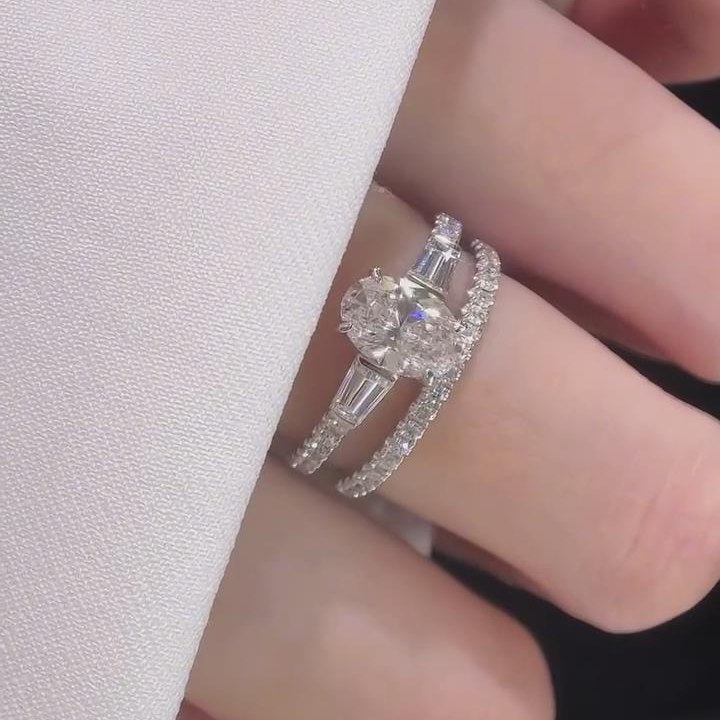 Oval Cut Diamond White 925 Sterling Silver 2 Pieces Ring Sets