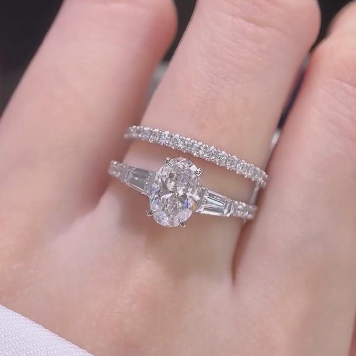 Oval Cut Diamond White 925 Sterling Silver 2 Pieces Ring Sets
