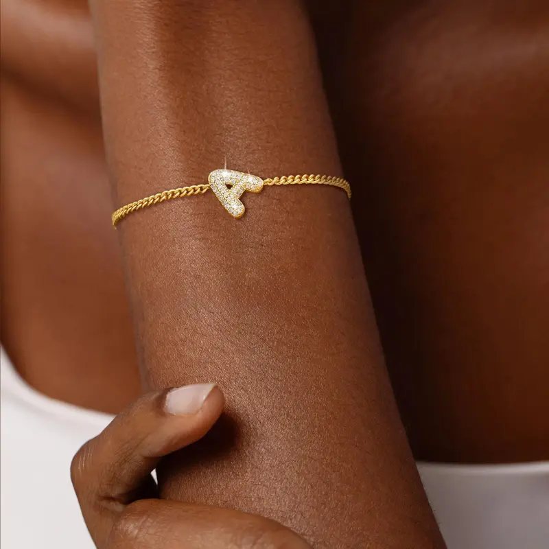 Trendy Yellow Gold A-Z Bubble Letter Bracelet for Women