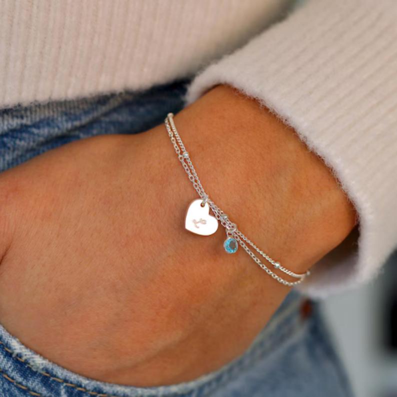 Personalized Birthstone Sterling Silver Bracelet with Heart Pendant for Women