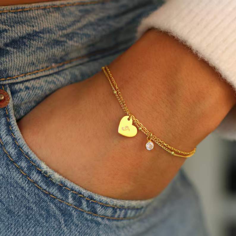 Personalized Birthstone Sterling Silver Bracelet with Heart Pendant for Women