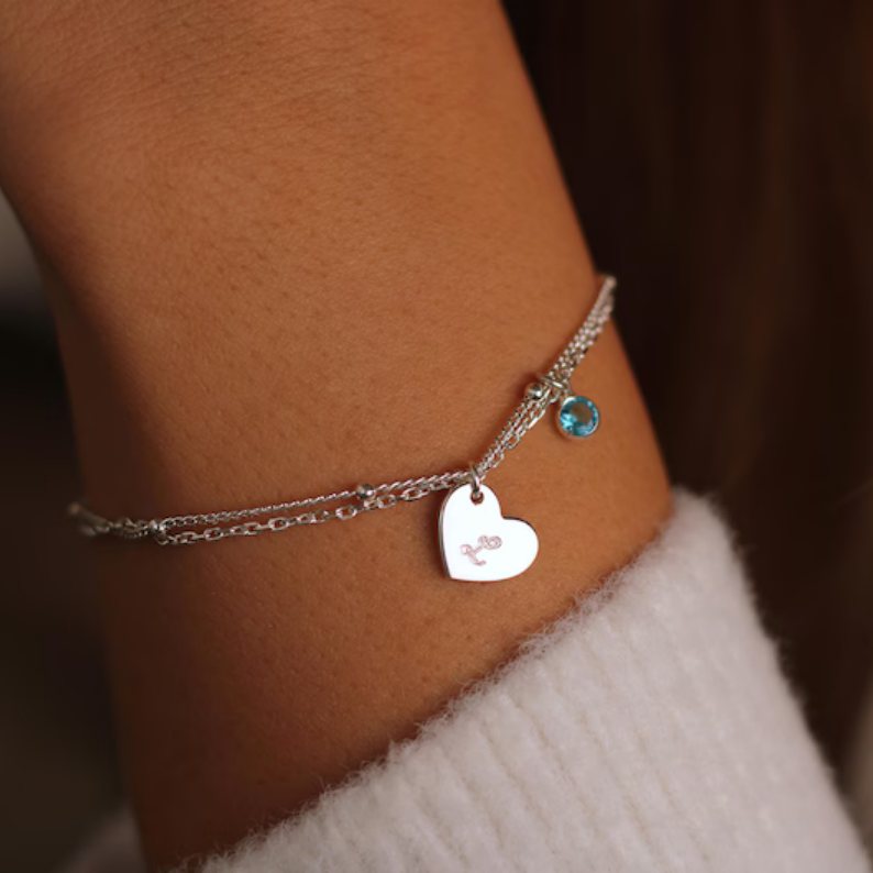 Personalized Birthstone Sterling Silver Bracelet with Heart Pendant for Women
