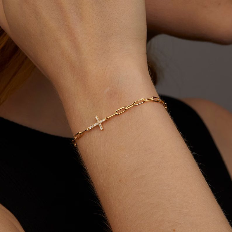 Dainty Yellow Gold 925 Sterling Silver Paperclip Chain with Cross Bracelet for Women