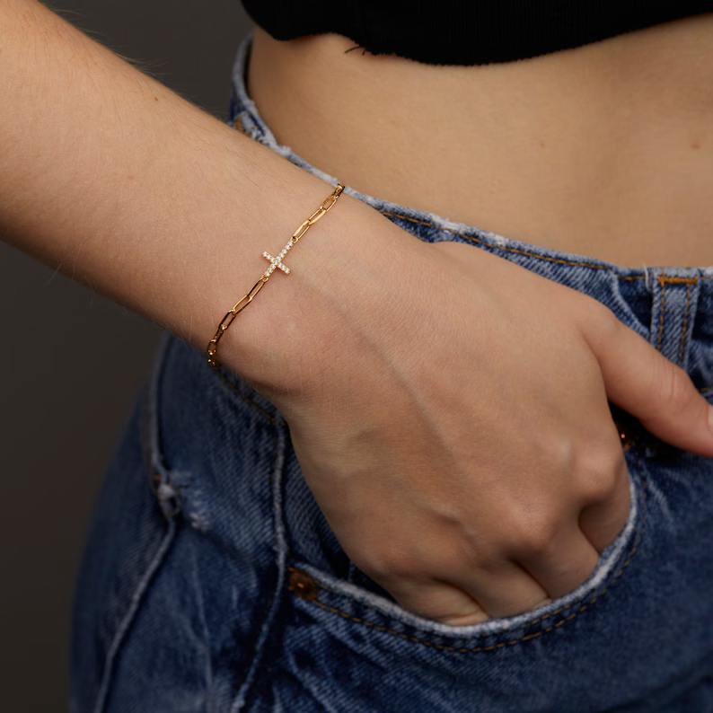 Dainty Yellow Gold 925 Sterling Silver Paperclip Chain with Cross Bracelet for Women