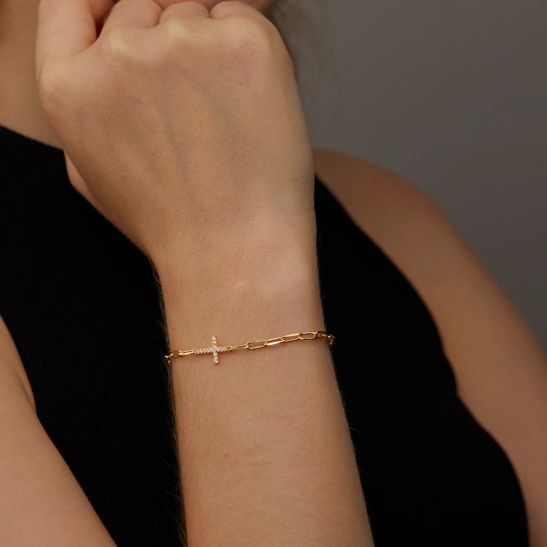 Dainty Yellow Gold 925 Sterling Silver Paperclip Chain with Cross Bracelet for Women