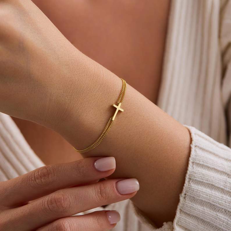 Minimalist Two-Row 925 Sterling Silver Cross Bracelet for Women