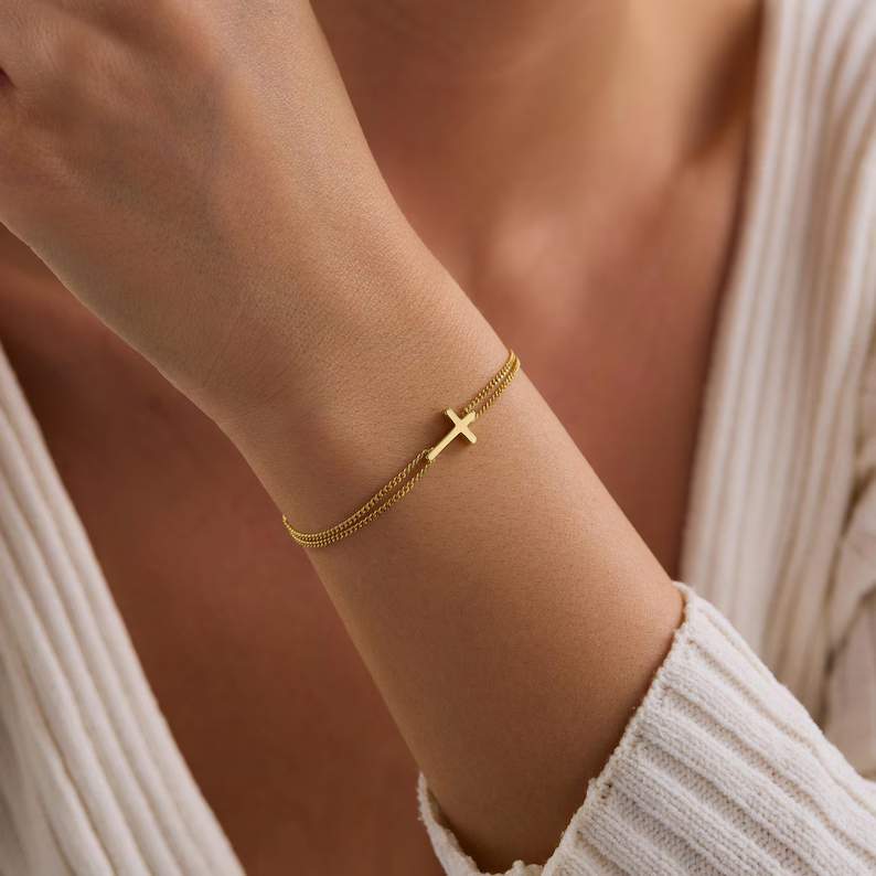 Minimalist Two-Row 925 Sterling Silver Cross Bracelet for Women
