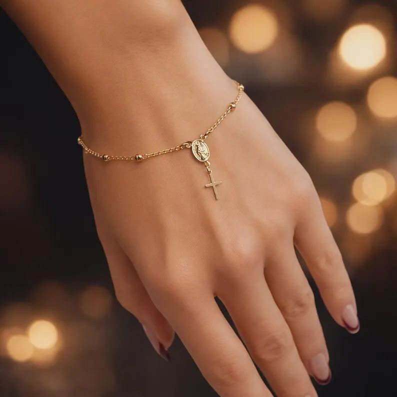 Minimalist 925 Sterling Silver Mary Medallion Cross Bracelet for Women