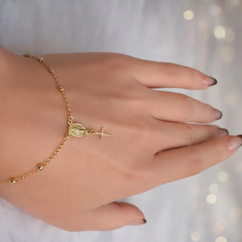 Minimalist 925 Sterling Silver Mary Medallion Cross Bracelet for Women