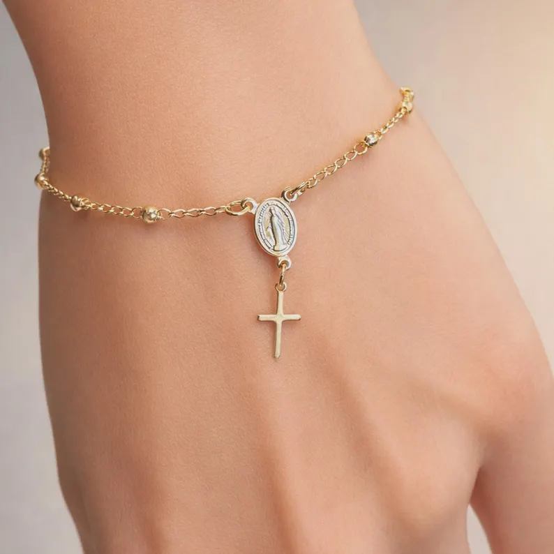 Minimalist 925 Sterling Silver Mary Medallion Cross Bracelet for Women