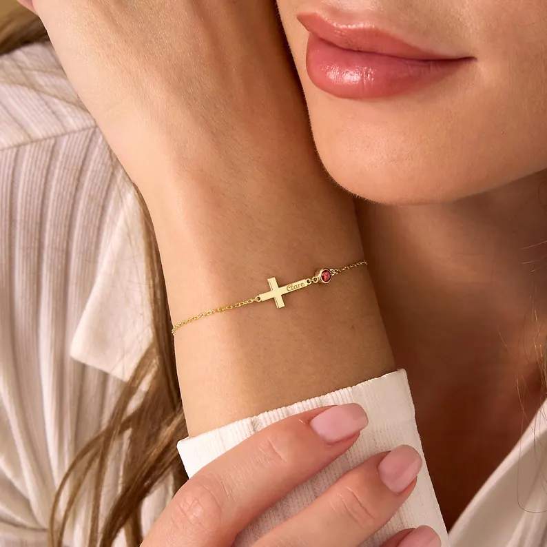 Minimalist 925 Sterling Silver Engraved Cross with Birthstone Bracelet Gift