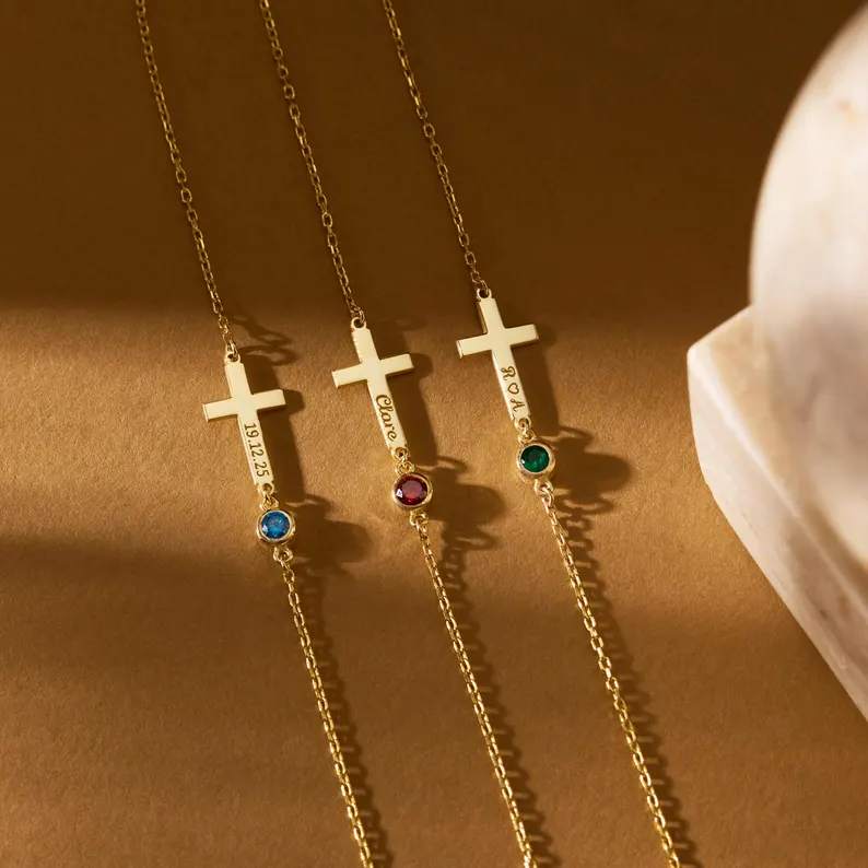 Minimalist 925 Sterling Silver Engraved Cross with Birthstone Bracelet Gift