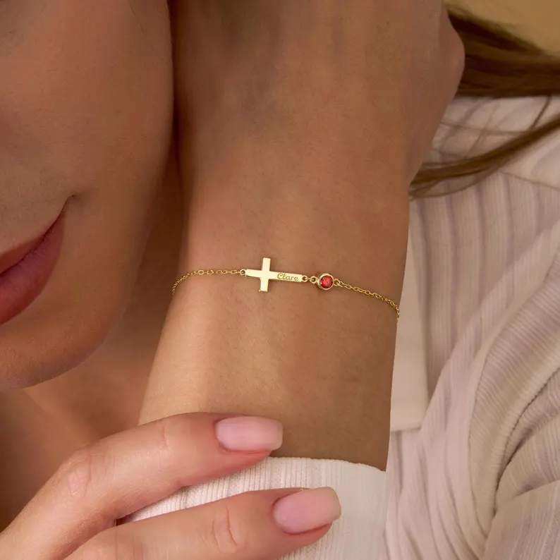 Minimalist 925 Sterling Silver Engraved Cross with Birthstone Bracelet Gift