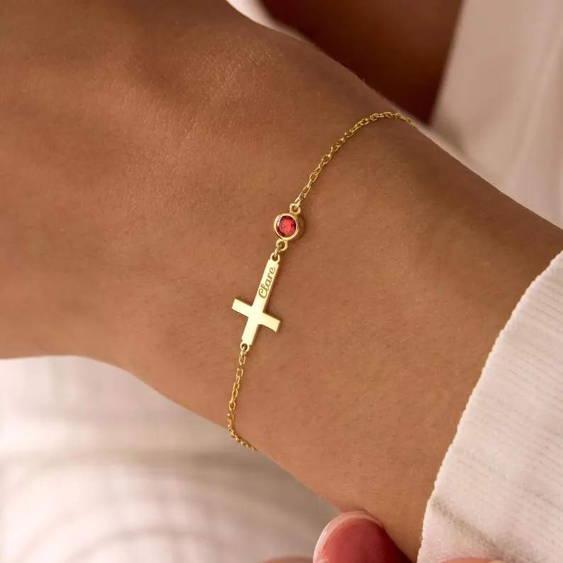 Minimalist 925 Sterling Silver Engraved Cross with Birthstone Bracelet Gift