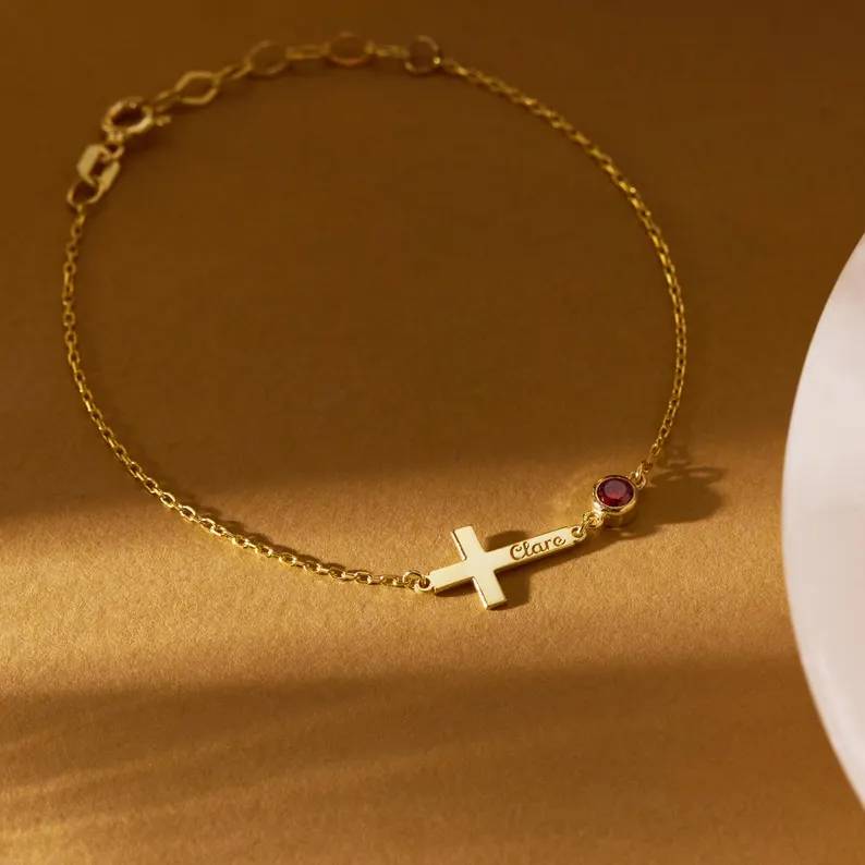 Minimalist 925 Sterling Silver Engraved Cross with Birthstone Bracelet Gift