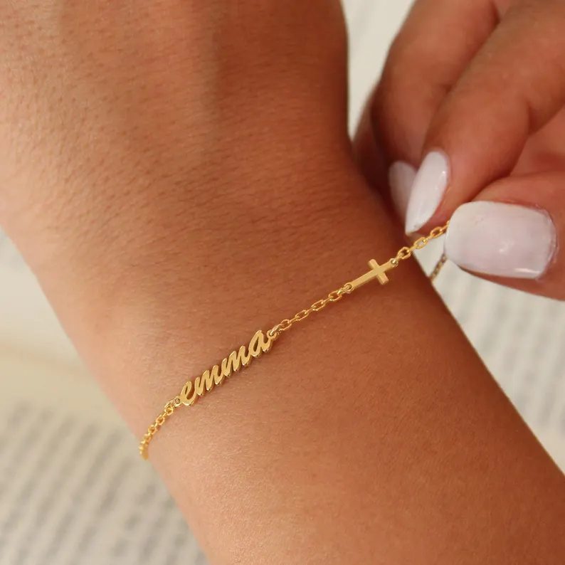 Minimalist 925 Sterling Silver Name Cross Bracelet Gift