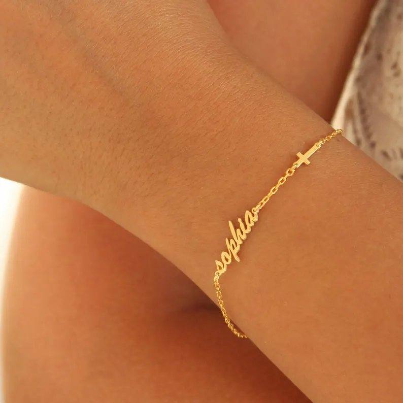 Minimalist 925 Sterling Silver Name Cross Bracelet Gift