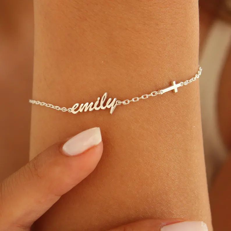 Minimalist 925 Sterling Silver Name Cross Bracelet Gift
