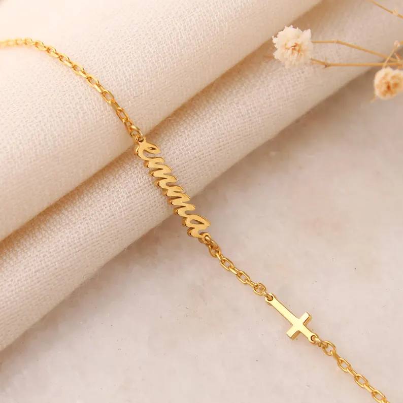 Minimalist 925 Sterling Silver Name Cross Bracelet Gift