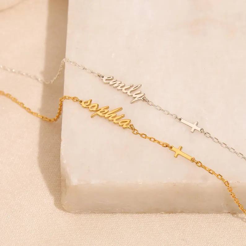 Minimalist 925 Sterling Silver Name Cross Bracelet Gift