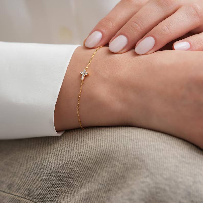 Elegant Diamond White 925 Sterling Silver Inspired Cross Bracelet