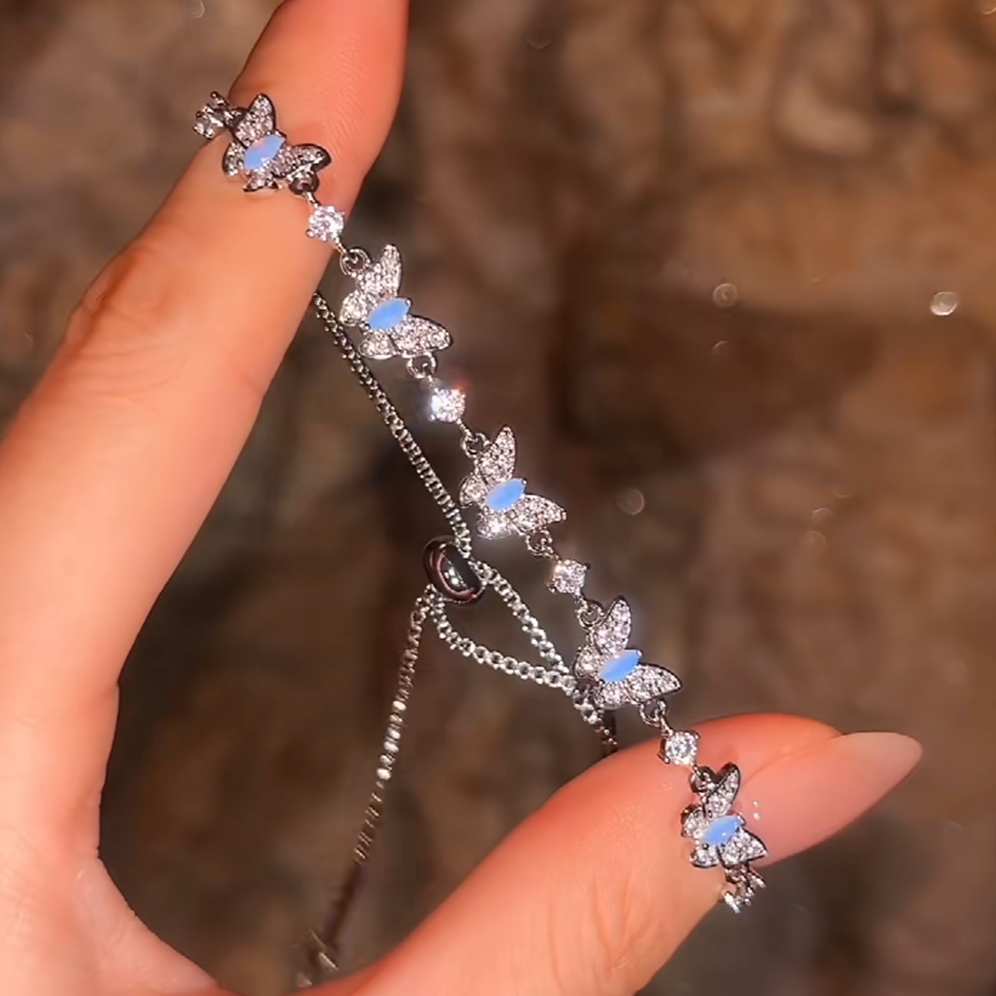 Elegant Butterfly 925 Sterling Silver Diamond White Charm Bracelet for Women