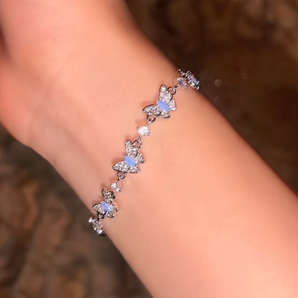 Elegant Butterfly 925 Sterling Silver Diamond White Charm Bracelet for Women