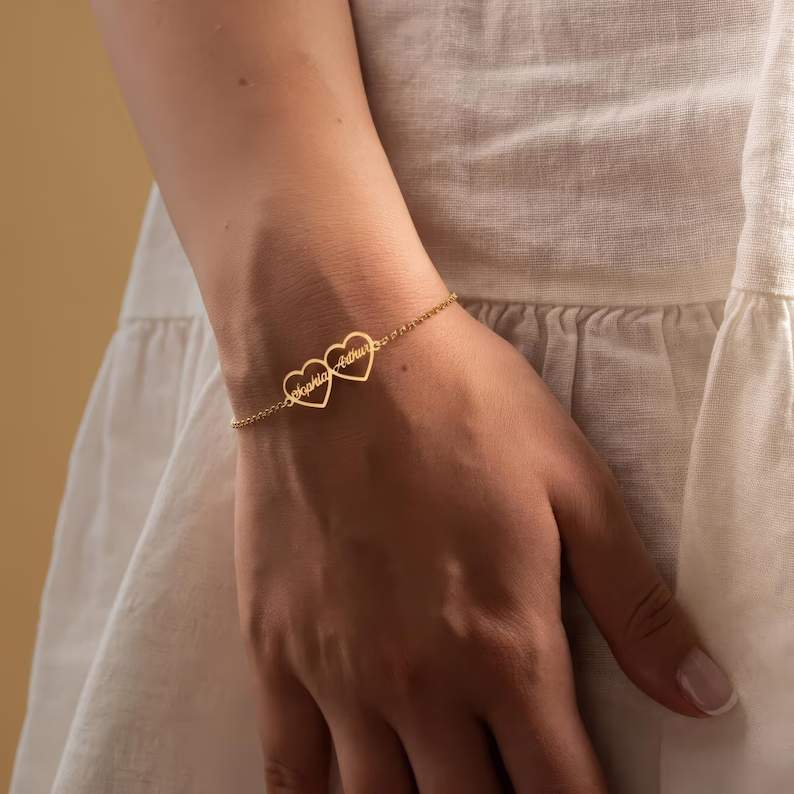 Personalized 925 Sterling Silver Yellow Gold Double Name Heart Bracelet